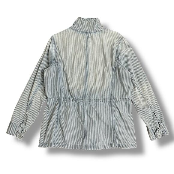 GAP Blue White Railroad Stripe Utility Jacket L Zip Front Waist Chore Coat - Picture 5 of 10